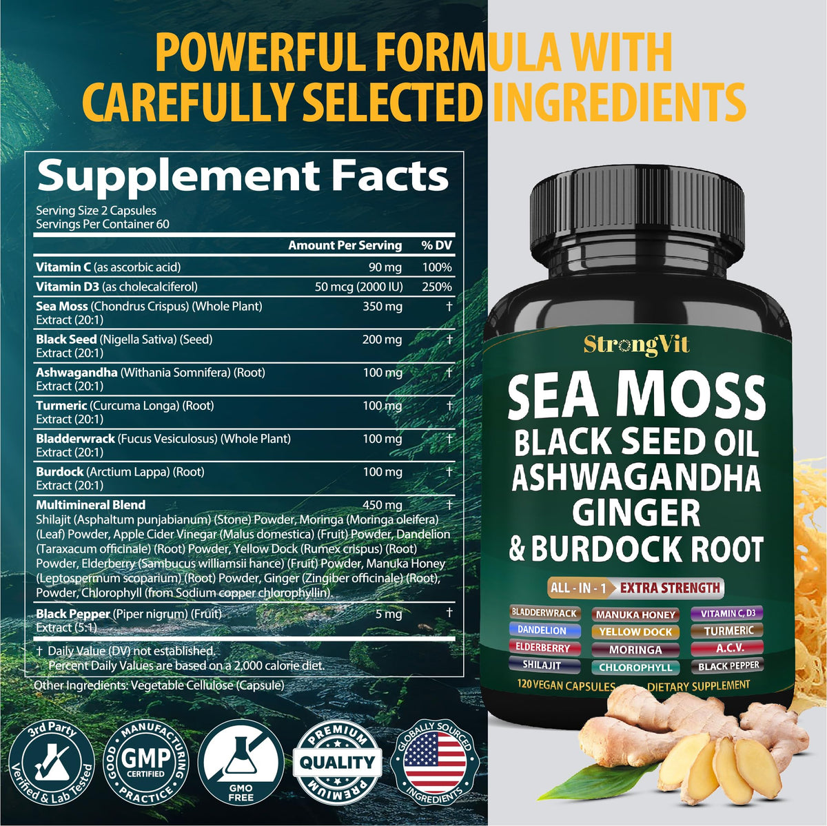 Composition des capsules de mousse de mer bio et huile de graines noires
