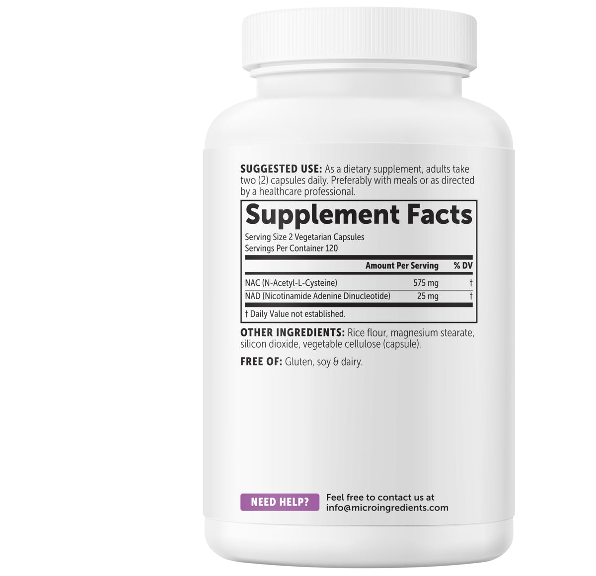 Composition des capsules Micro Ingredients NAC avec NAD+