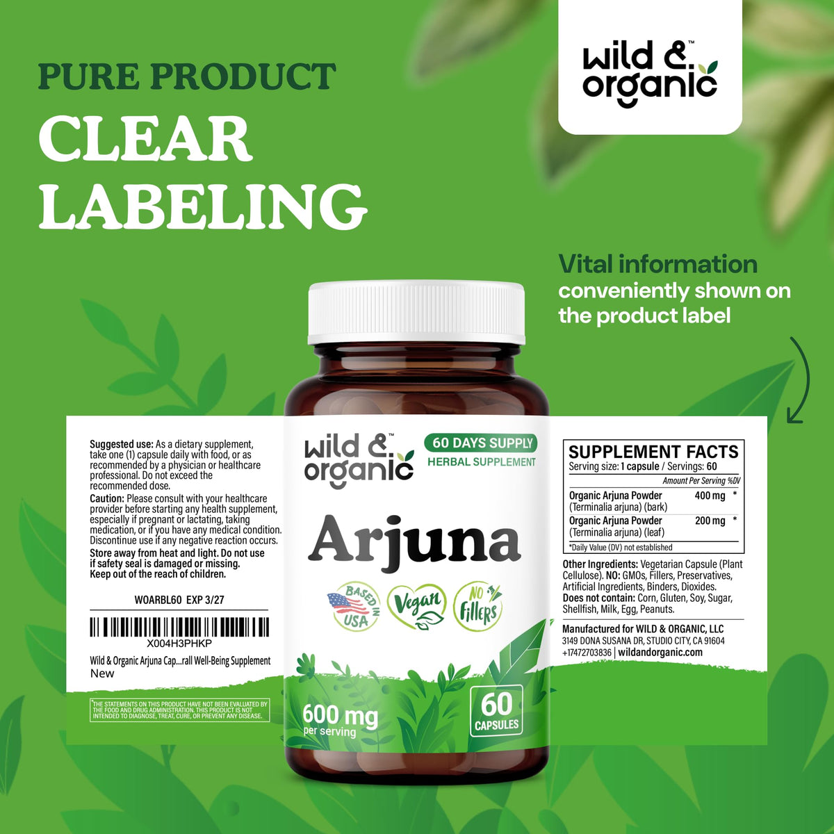 Composition des capsules Wild & Organic Arjuna sur l'étiquette