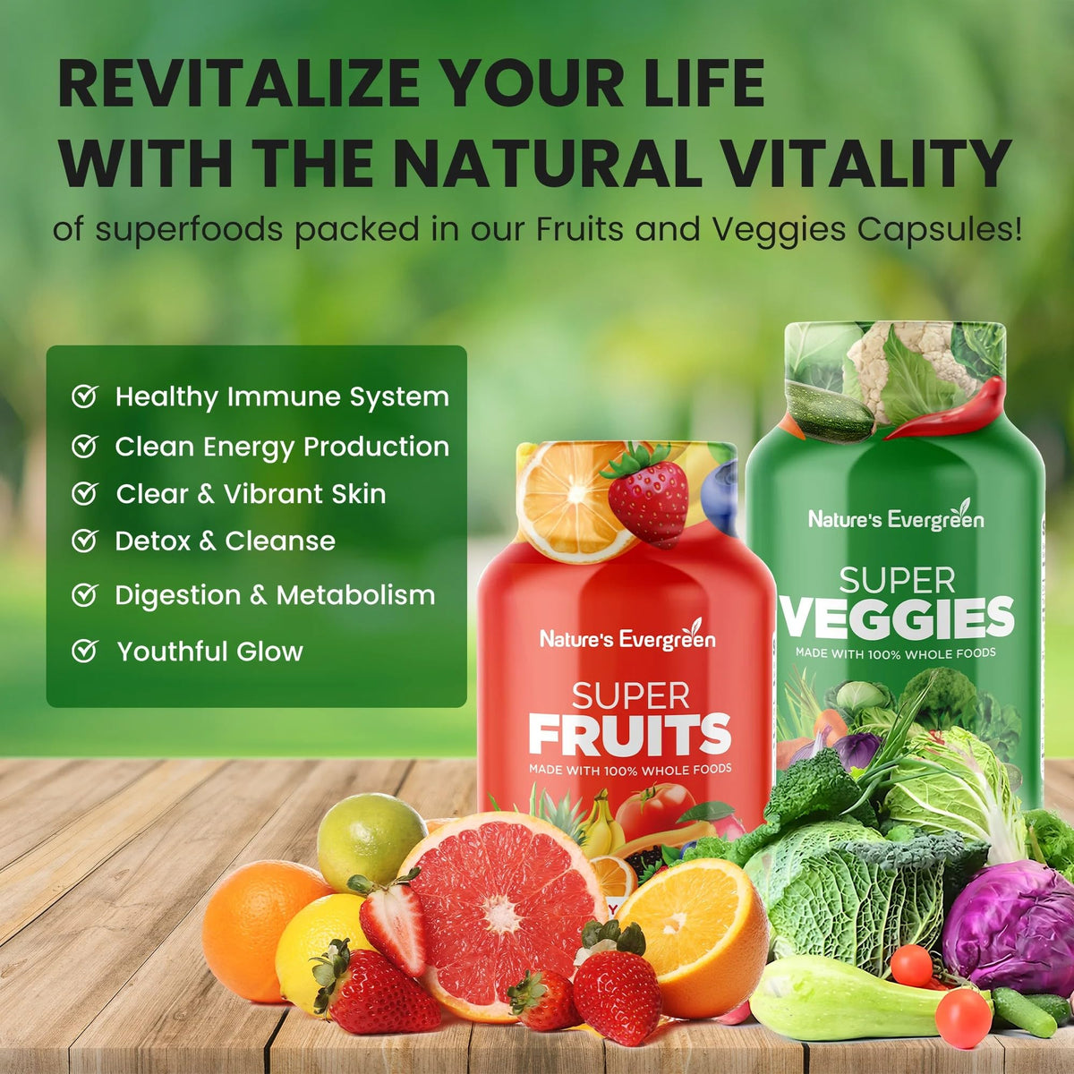 Composition des compléments alimentaires Fruits et Légumes Nature's Evergreen - ingrédients naturels