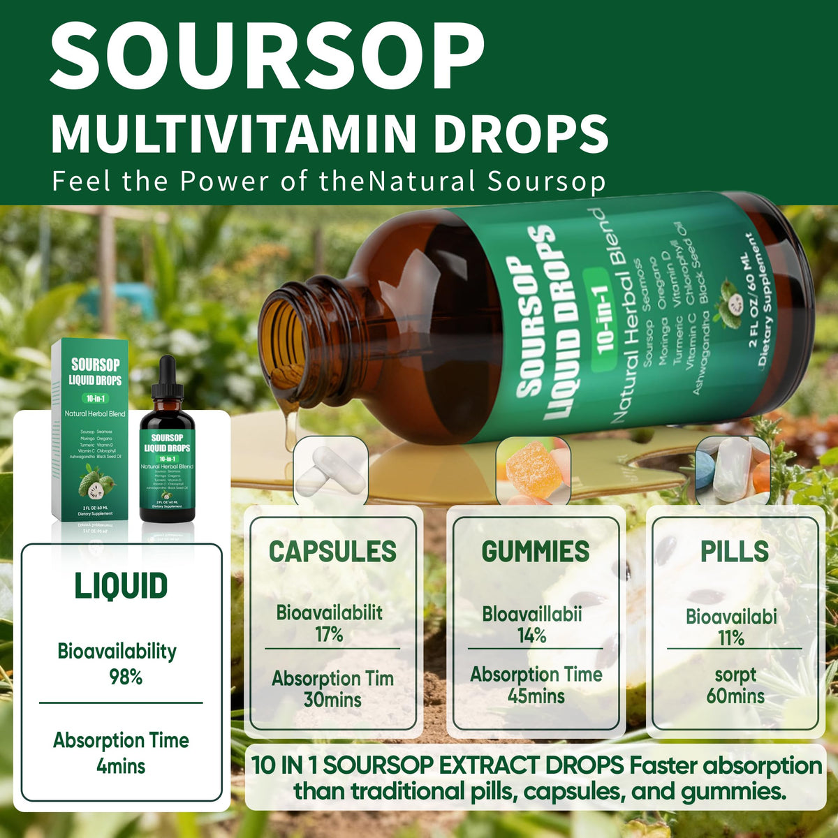 Composition des gouttes d'extrait Soursop sur une table