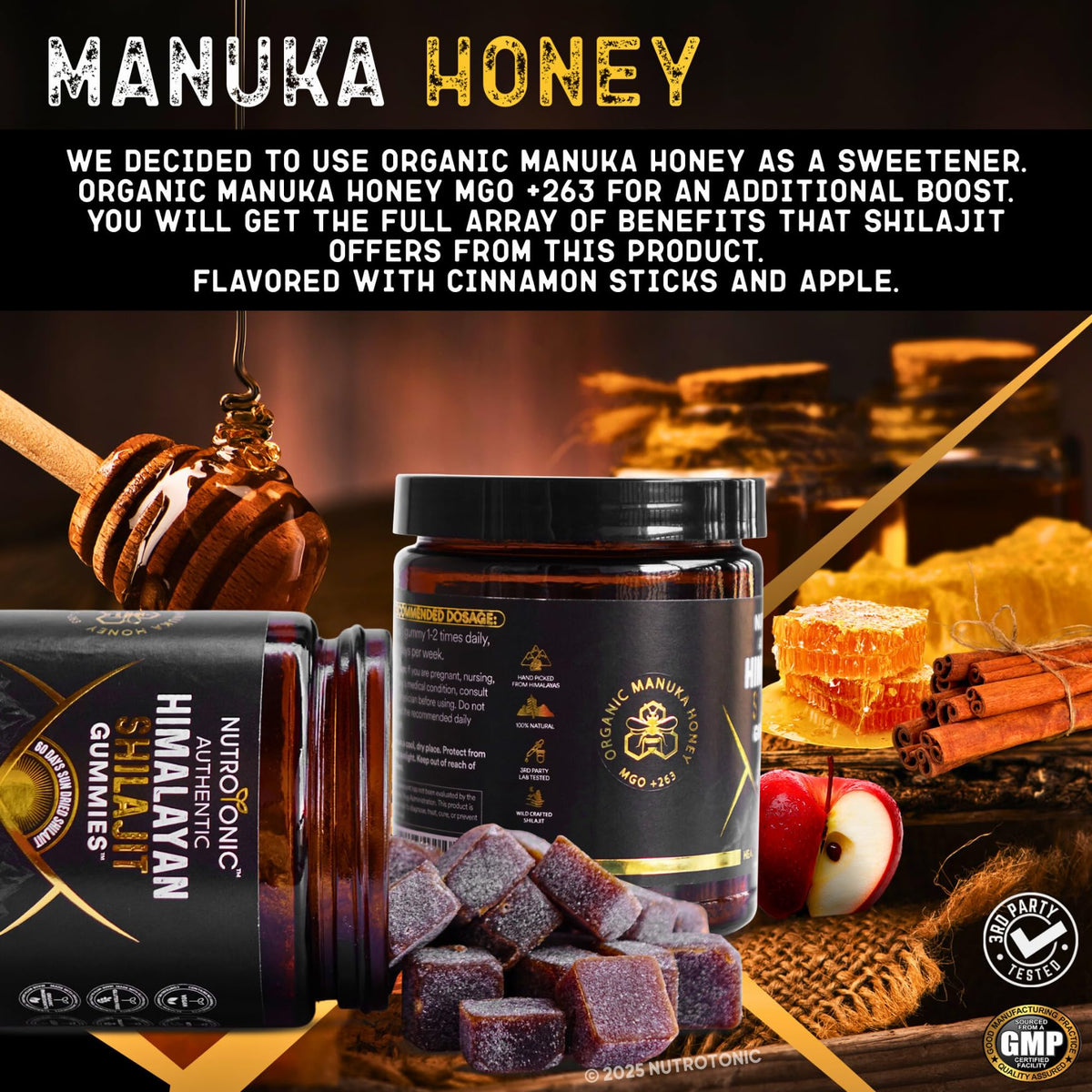 Composition des gummies NutroTonic Shilajit avec haricots de vanille et pêche