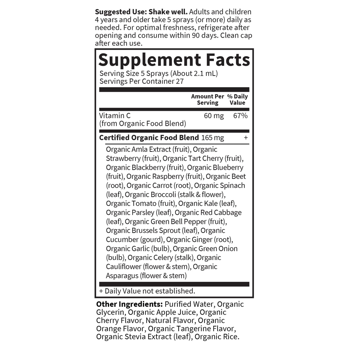 Composition des ingrédients du spray de vitamine C Garden of Life