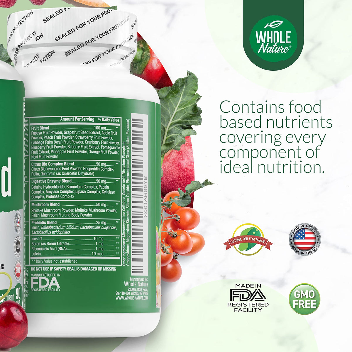 Composition des multivitamines Whole Nature sur l'emballage