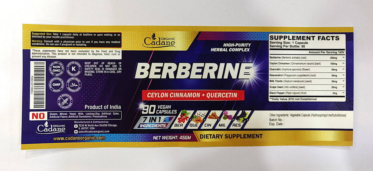 Composition du complément alimentaire Berbérine Organic Cadane sur l'étiquette