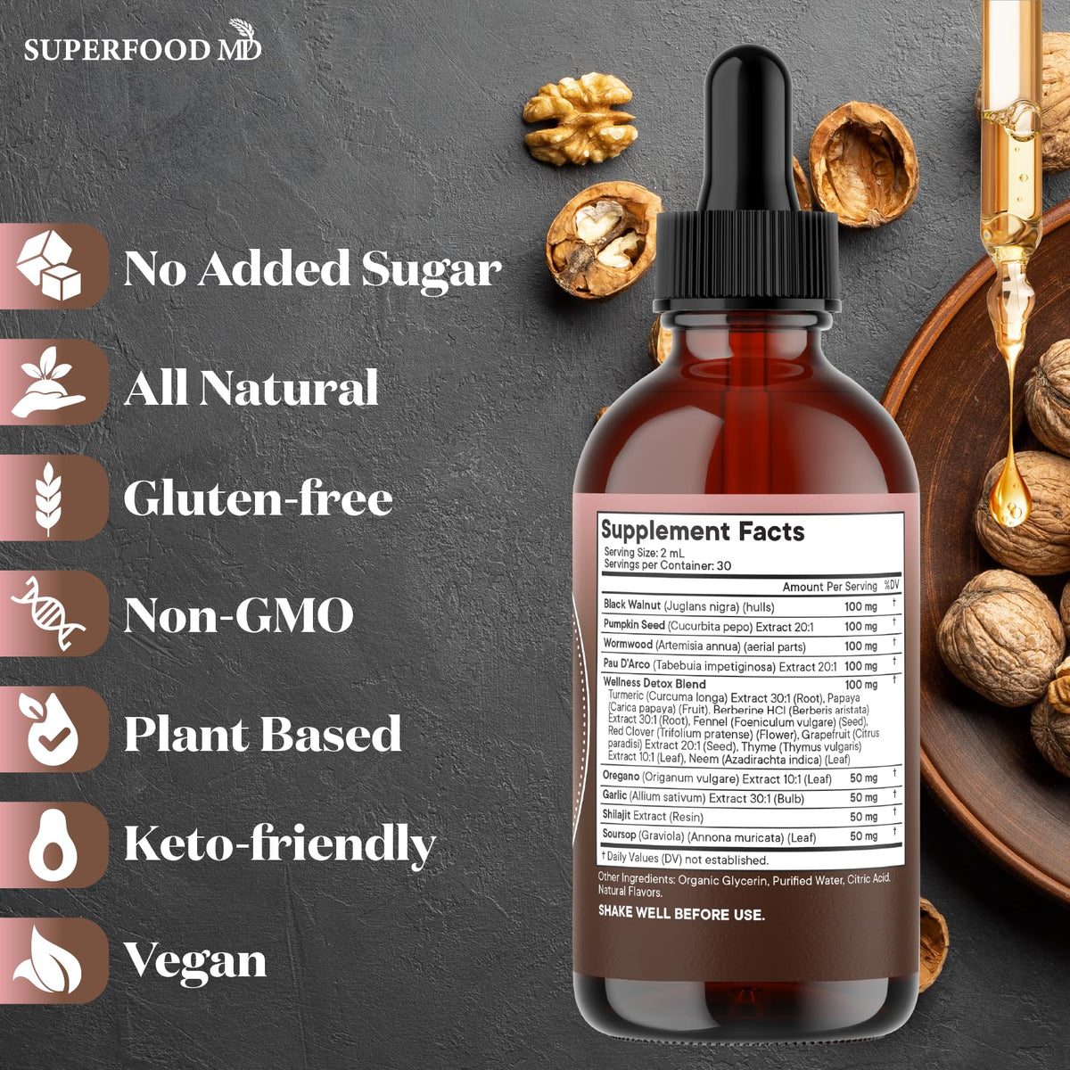 Composition du Nettoyage de Noix Noire et Absinthe de Superfood MD.