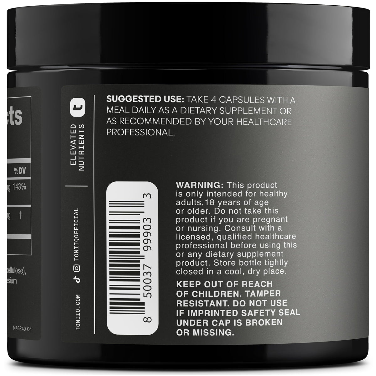 Composition du Toniiq Magnésium Glycinate 3000 mg sur l'étiquette