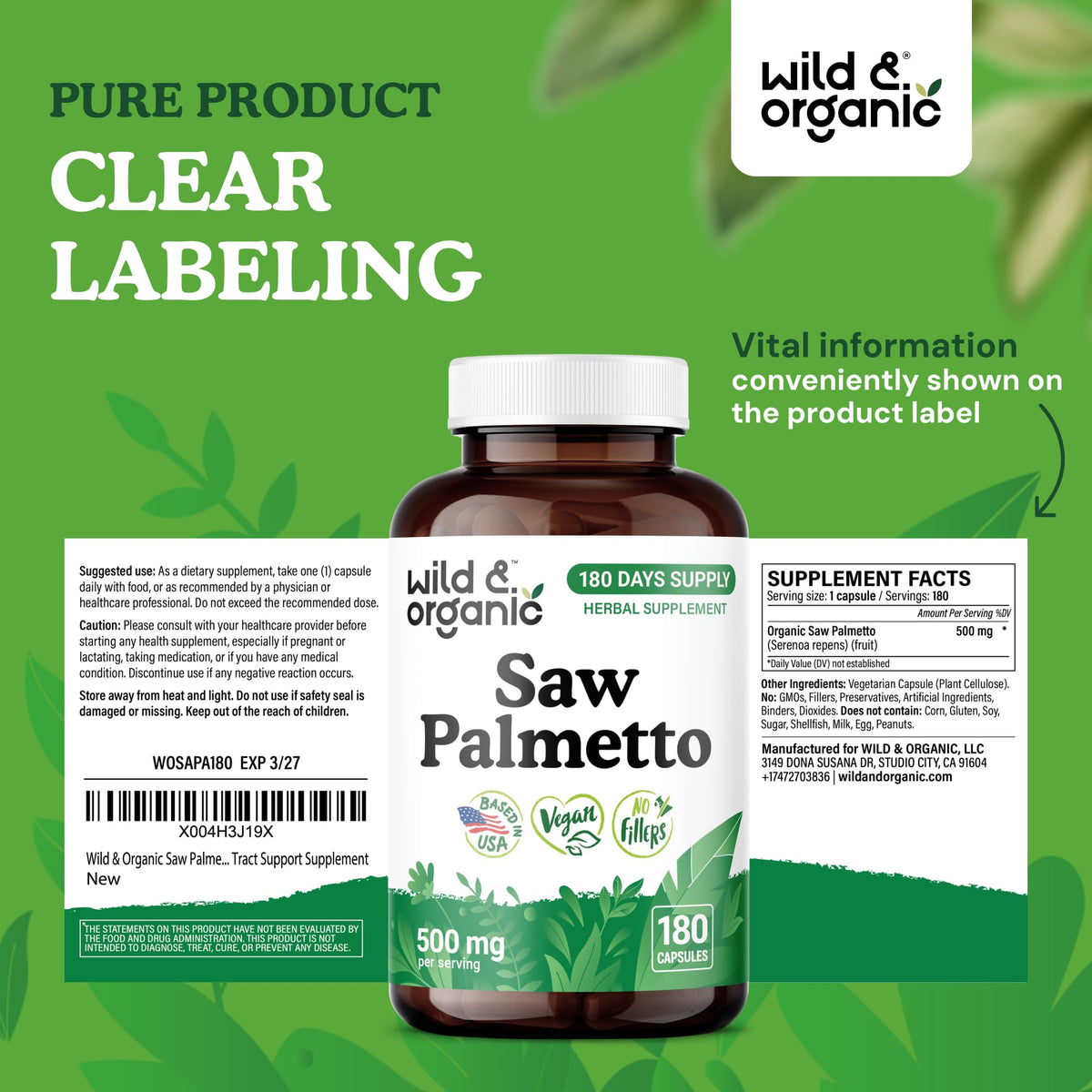 Composition et informations nutritionnelles sur le flacon de Saw Palmetto