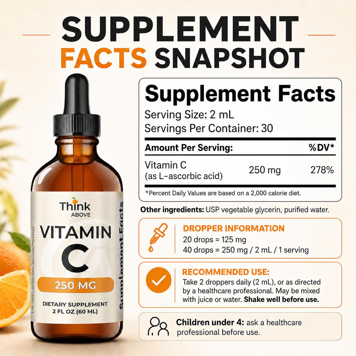 Composition simple des Gouttes de Vitamine C Think Above