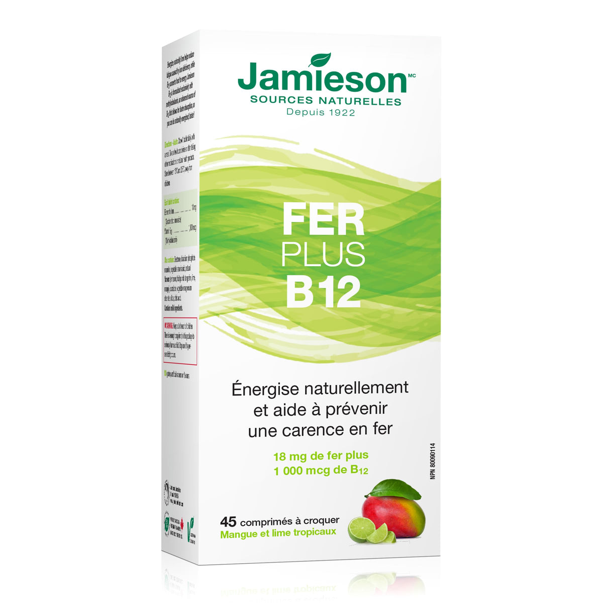 Comprimé à mâcher Jamieson Fer + Vitamine B12 montrant le goût mangue