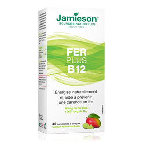 Comprimé à mâcher Jamieson Fer + Vitamine B12 montrant le goût mangue