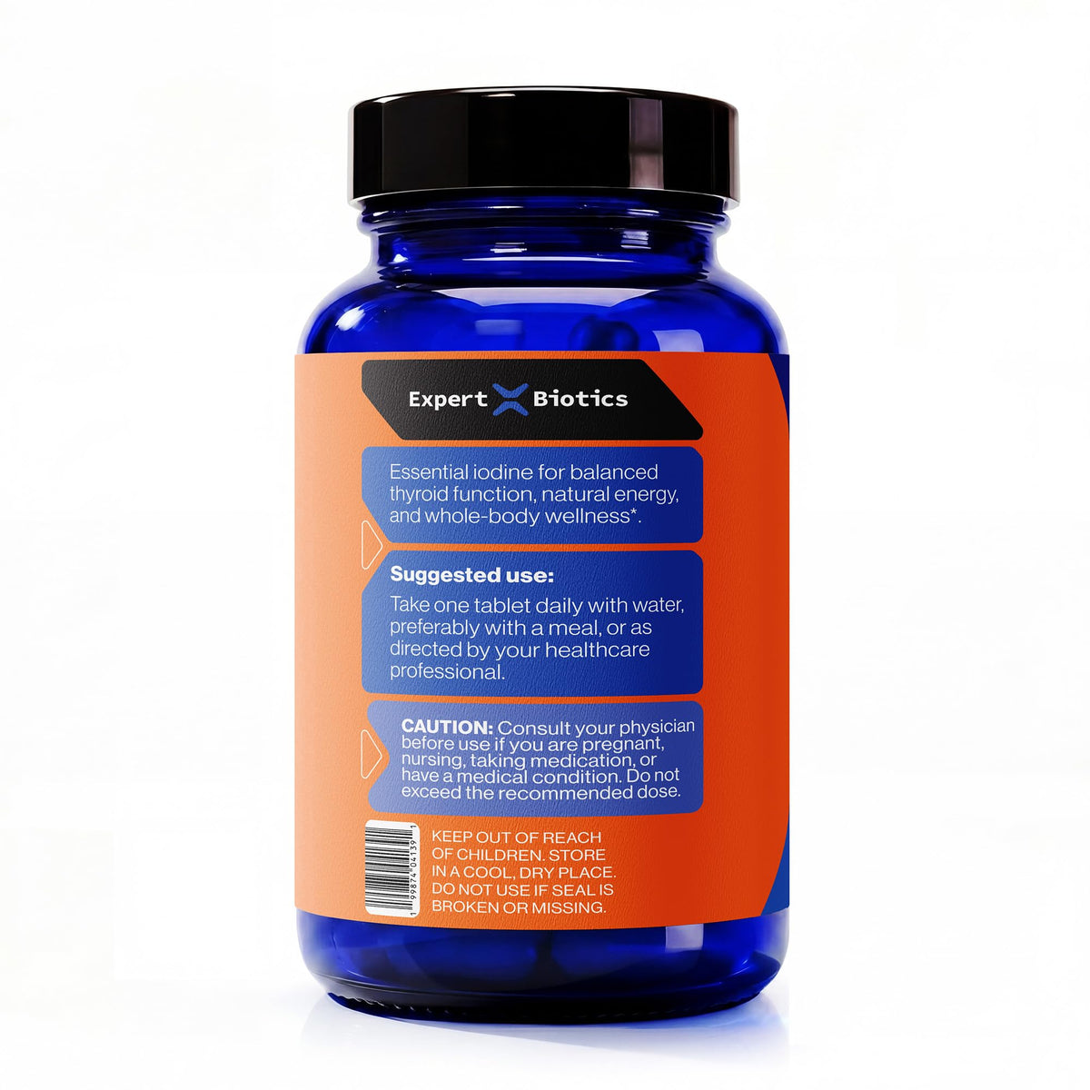 Comprimé d'Expert Biotics Iodine+ 12,5 mg sur une surface blanche