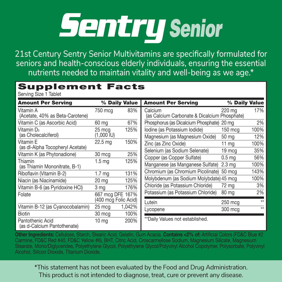 Comprimé de 21st Century Sentry Senior Multivitamin sur une surface blanche