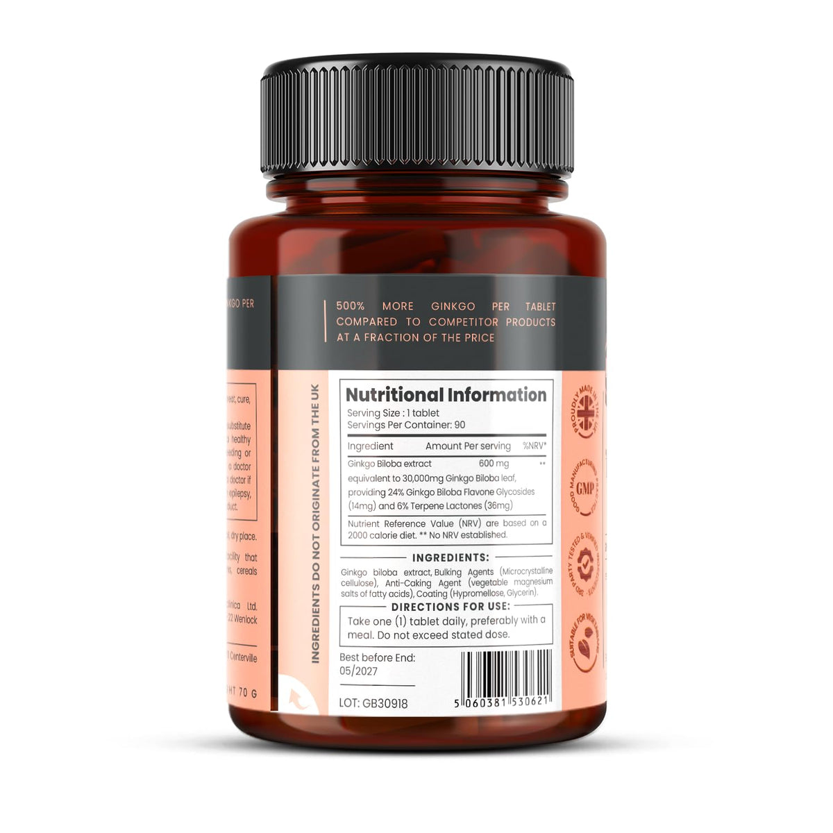 Comprimé de pureclinica Ginkgo Biloba sur fond blanc