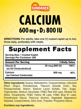 Comprimé de Sundance Calcium 600 mg avec Vitamine D3, sur une surface blanche