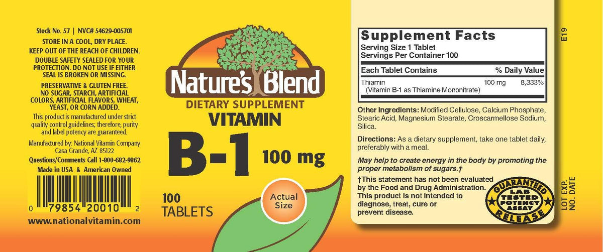 Comprimé de Vitamine B-1 Nature's Blend 100 mg en gros plan