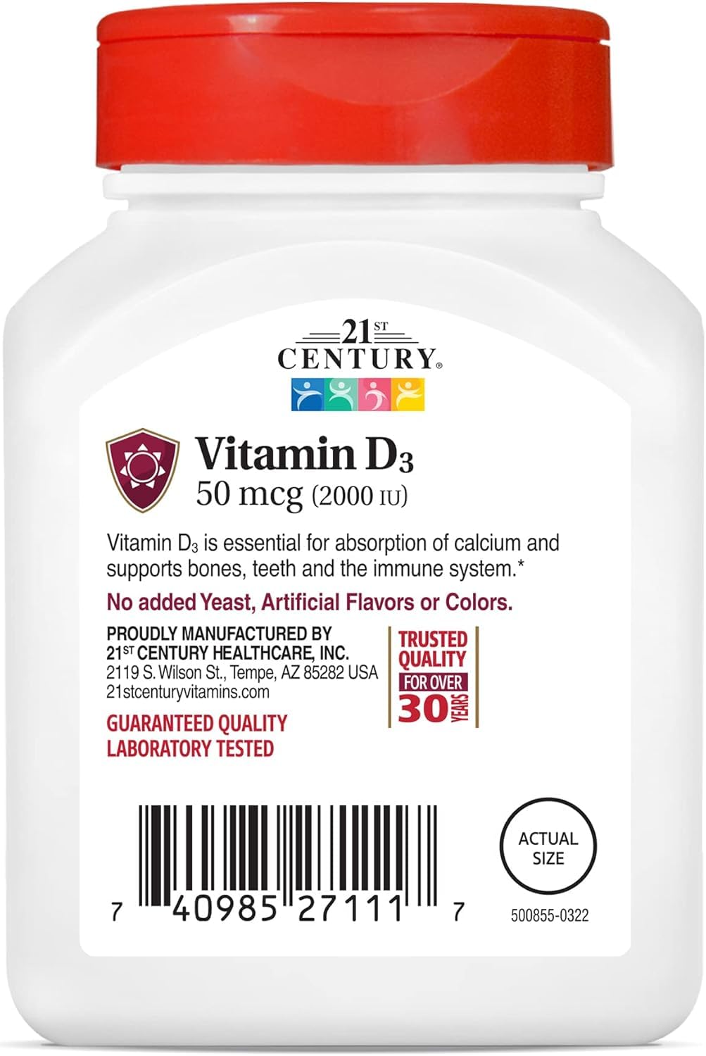 Comprimé de Vitamine D3 2000 UI de 21st Century sur fond blanc