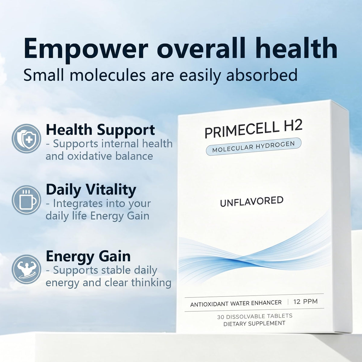 Comprimé effervescent PrimeCell H2 Hydroliv en dissolution dans l'eau