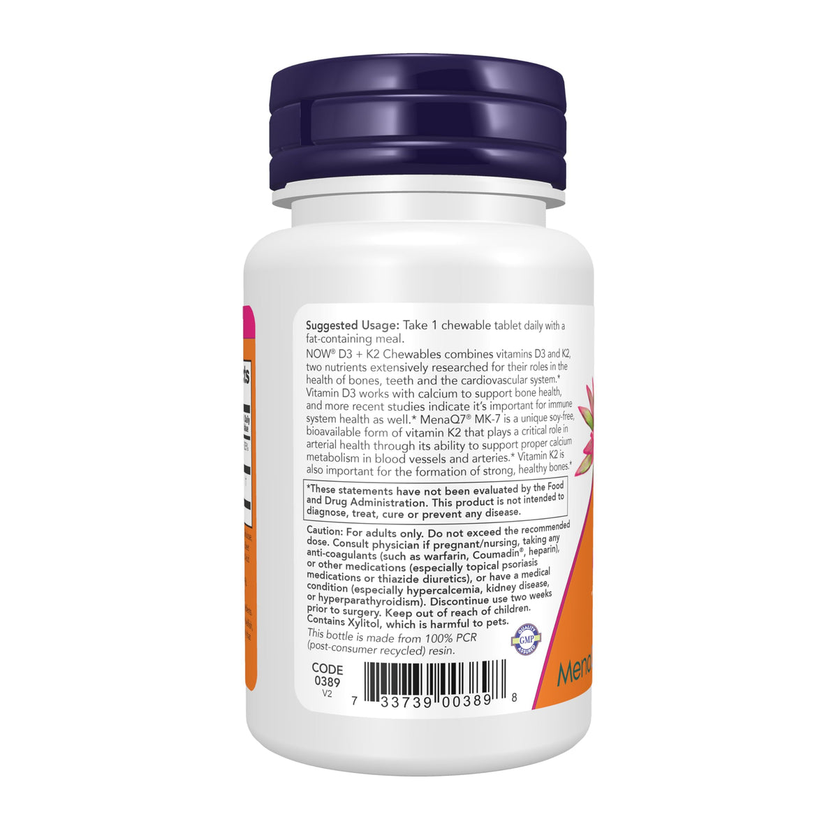 Comprimés à croquer D3 K2 NOW Foods sur une table