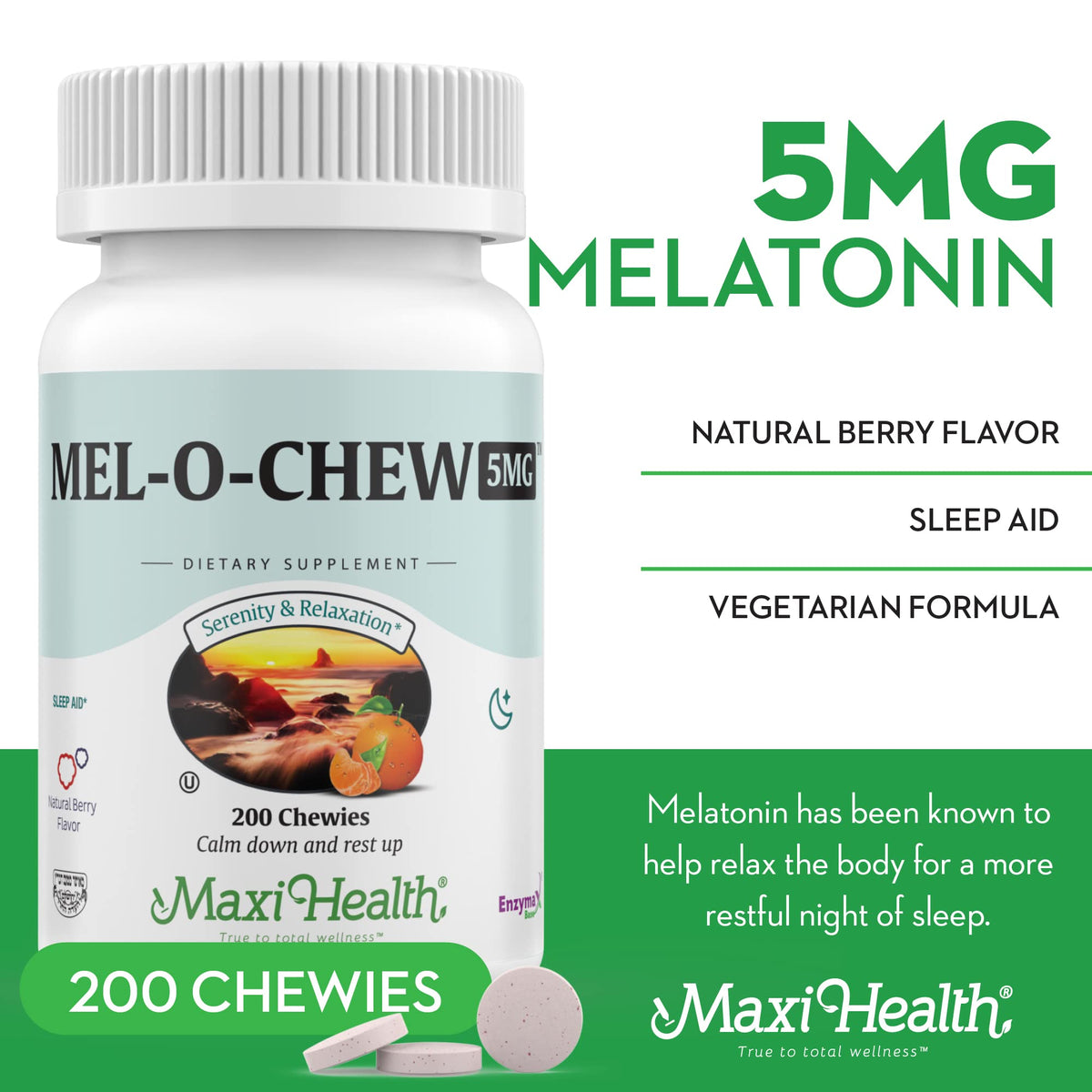 Comprimés à croquer de mélatonine Maxi Health sur une table