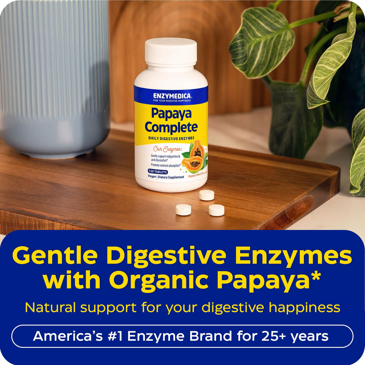 Comprimés à croquer Enzymedica Papaya Complete sur une surface blanche