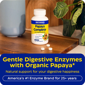 Comprimés à croquer Enzymedica Papaya Complete sur une surface blanche