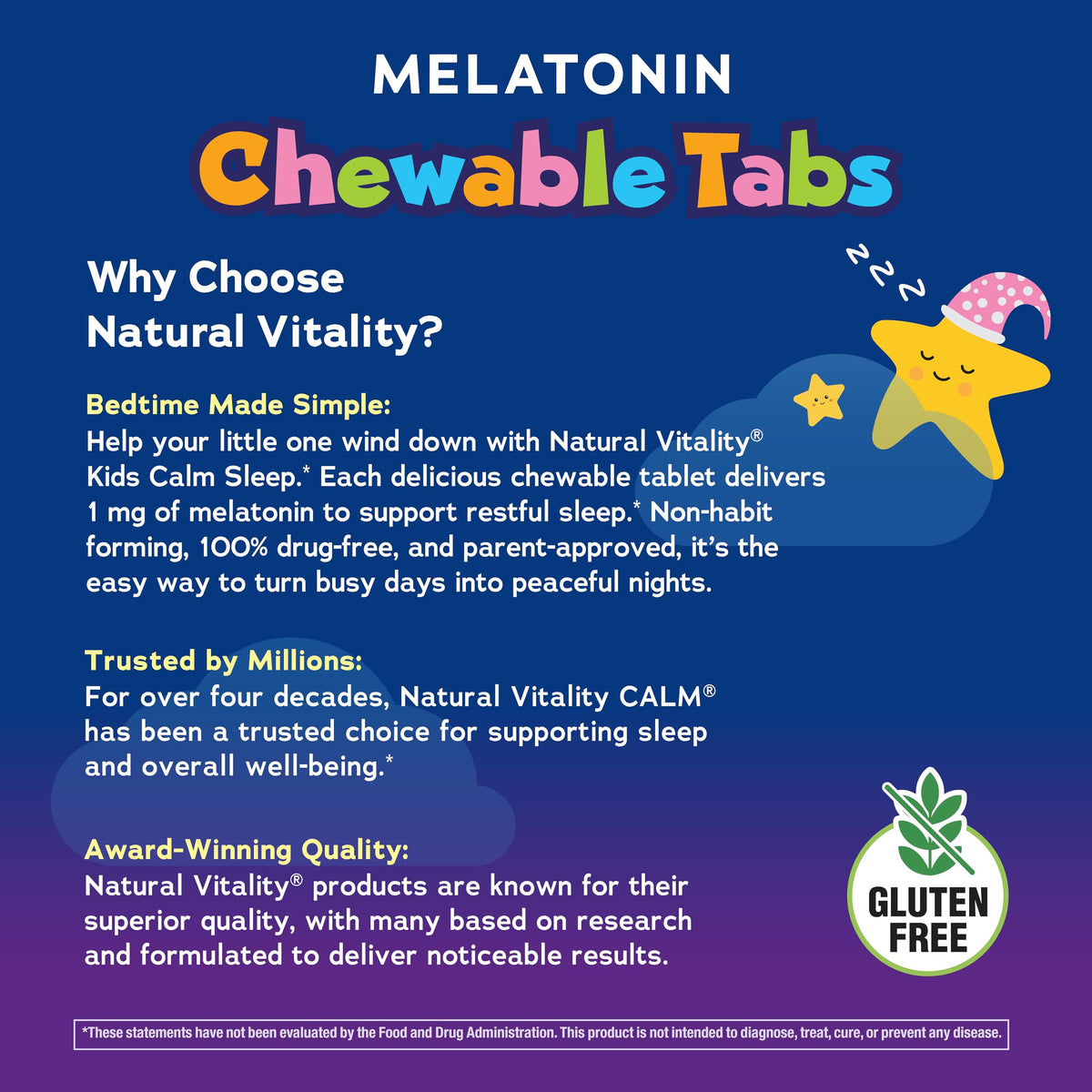 Comprimés à croquer Natural Vitality Kids Calm Sleep 1mg tablettes sur une surface