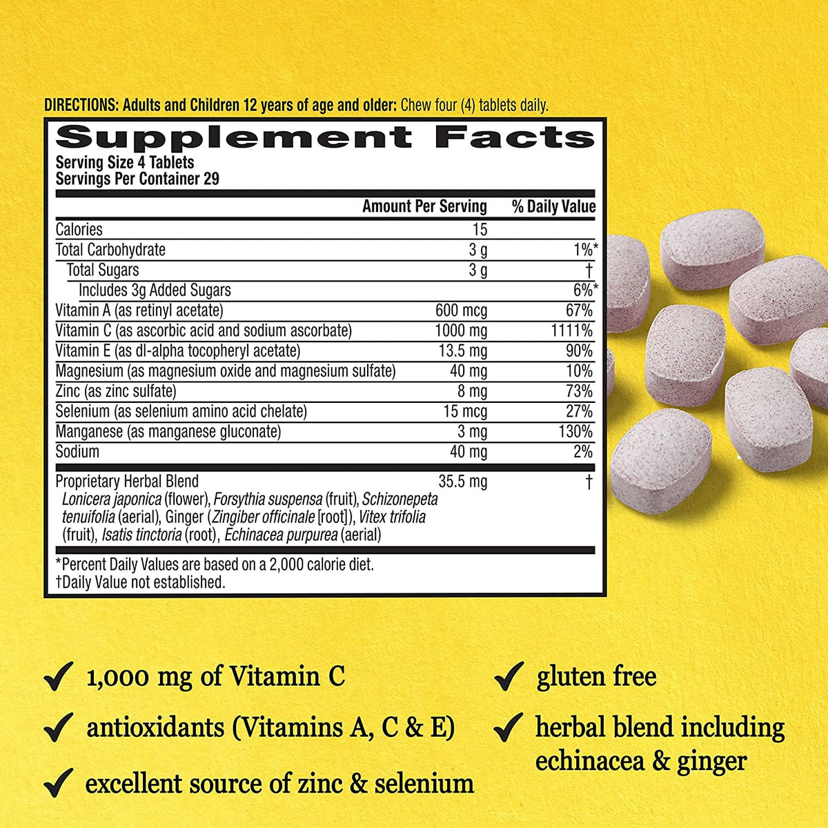 Comprimés à mâcher Airborne 1000mg Vitamine C sur fond blanc