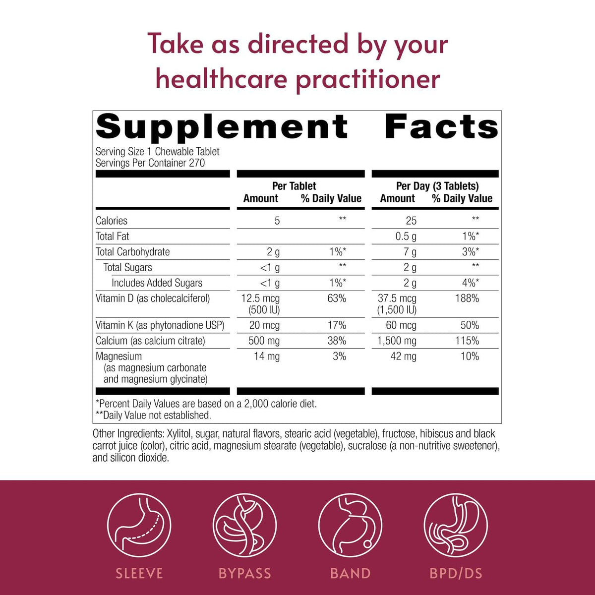 Comprimés à mâcher Bariatric Advantage Calcium Citrate sur une surface blanche