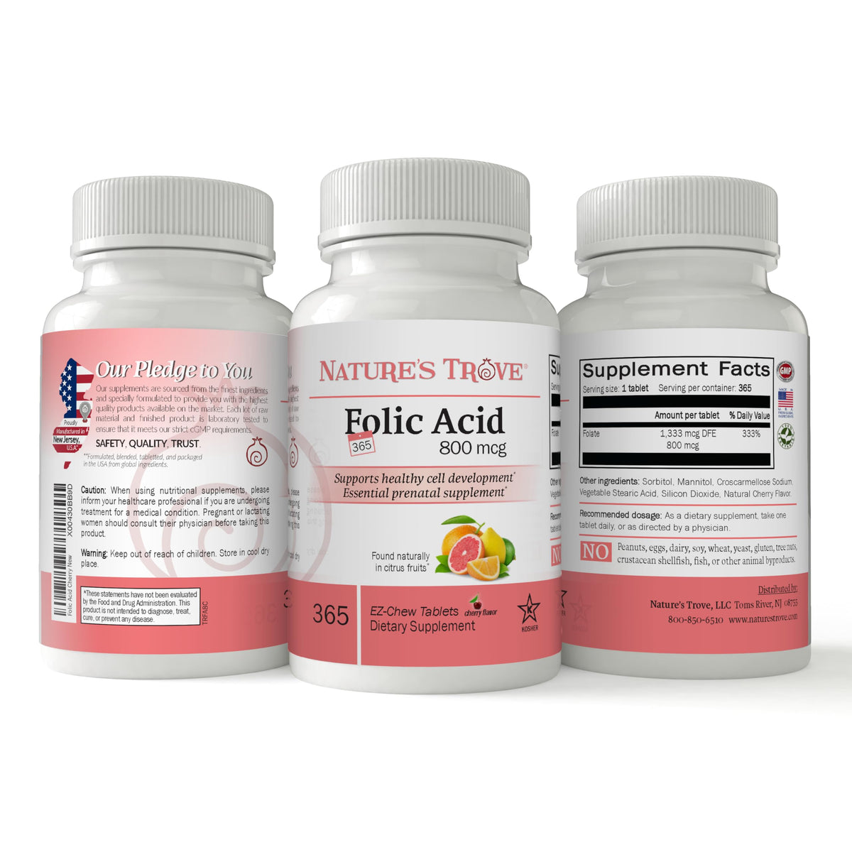 Comprimés à mâcher cerise Nature's Trove Acide Folique 800 mcg sur une table