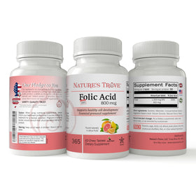 Comprimés à mâcher cerise Nature's Trove Acide Folique 800 mcg sur une table