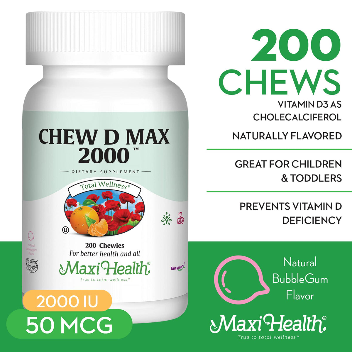 Comprimés à mâcher de Maxi Health Vitamine D3 à saveur bubble gum sur une surface