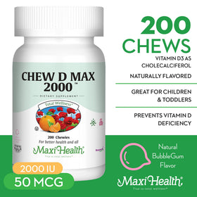 Comprimés à mâcher de Maxi Health Vitamine D3 à saveur bubble gum sur une surface