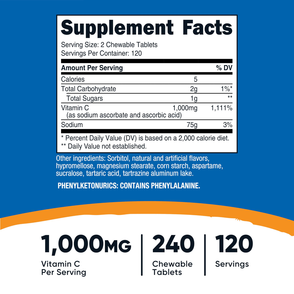 Comprimés à mâcher de vitamine C Nutricost 1 000 mg, présentation des tablettes