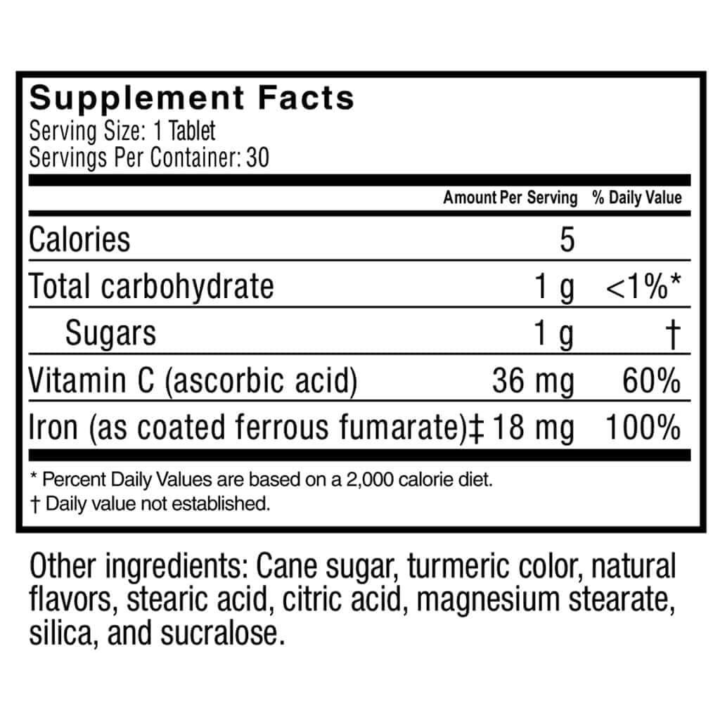 Comprimés à mâcher Fer 60mg avec Vitamine C - Celebrate, présentation sur table