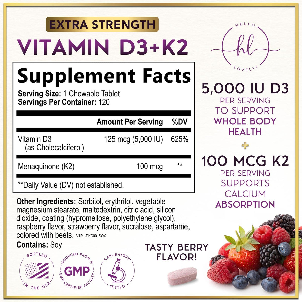 Comprimés à mâcher Hello Lovely! Vitamine D3 K2 avec saveur de framboise