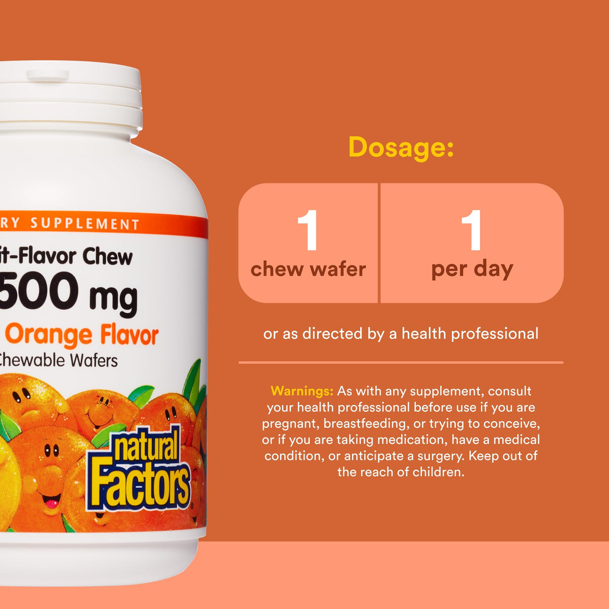 Comprimés à mâcher Natural Factors Vitamine C sur une surface blanche
