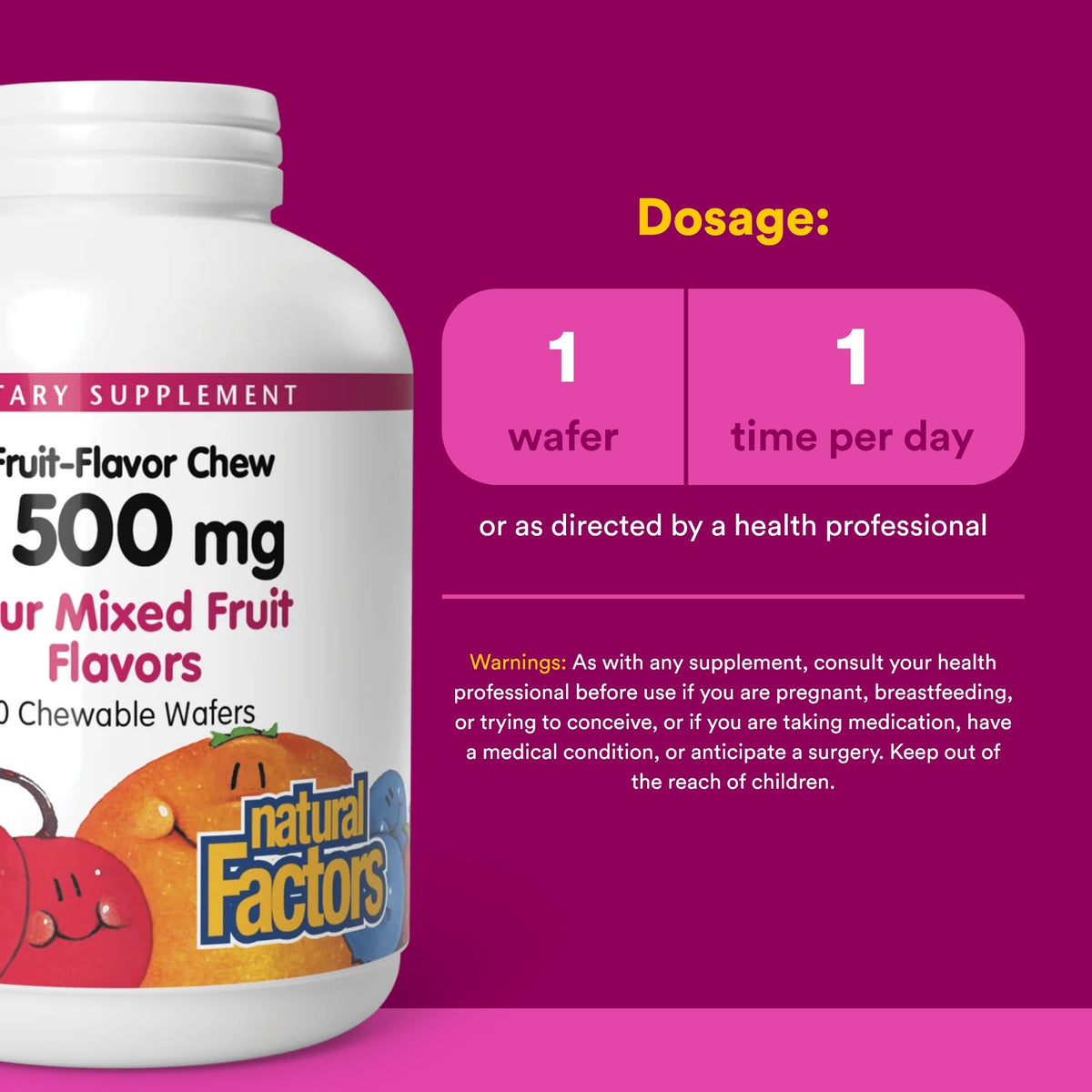 Comprimés à mâcher Natural Factors Vitamine C sur une surface en bois