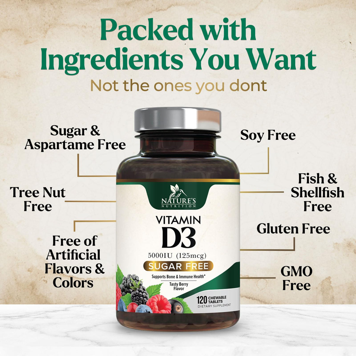 Comprimés à mâcher Nature's Nutrition Vitamine D3 5000 IU dans une main