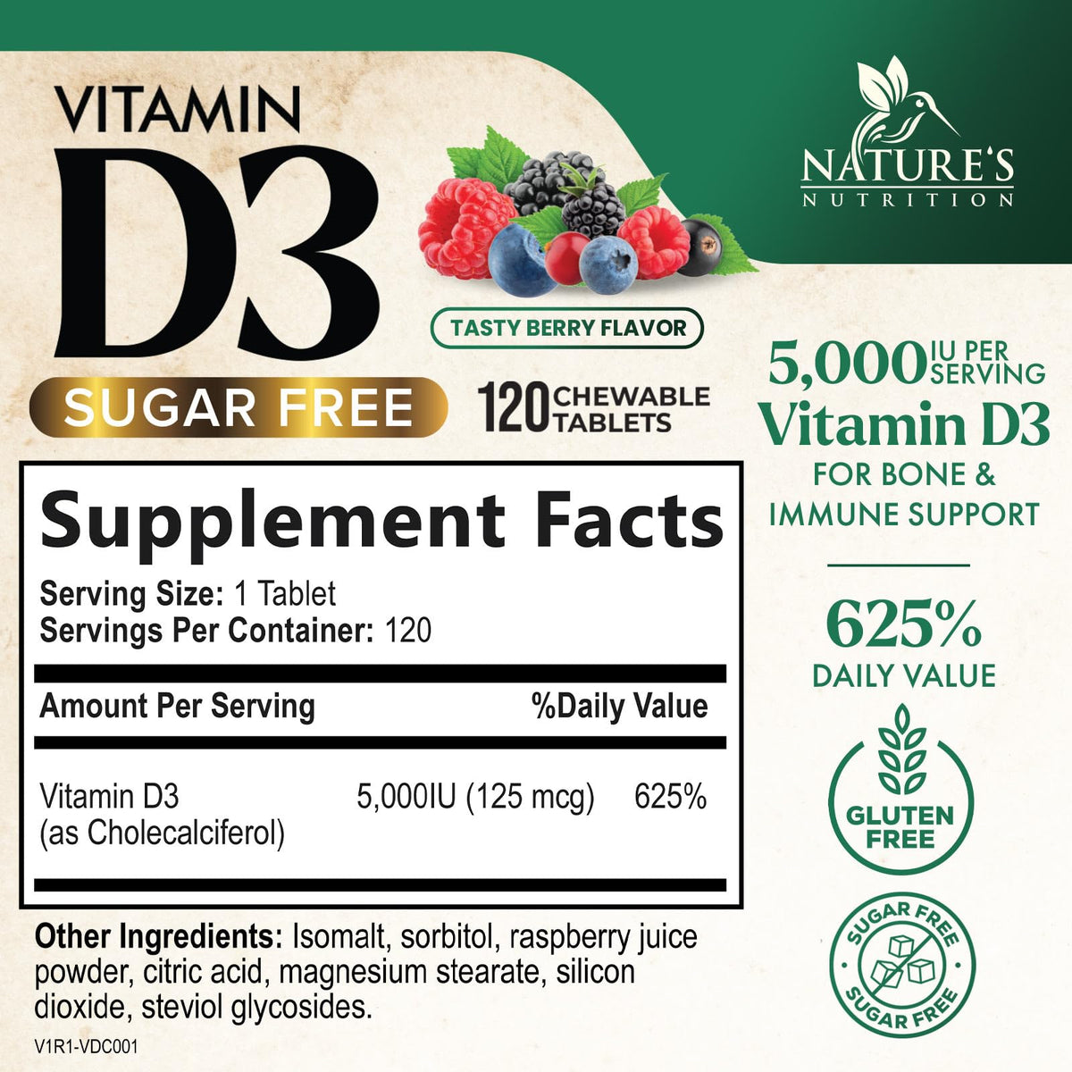 Comprimés à mâcher Nature's Nutrition Vitamine D3 5000 IU sur une surface blanche