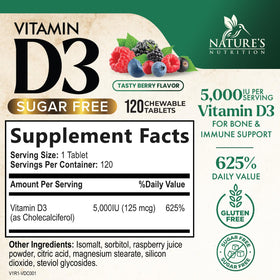 Comprimés à mâcher Nature's Nutrition Vitamine D3 5000 IU sur une surface blanche