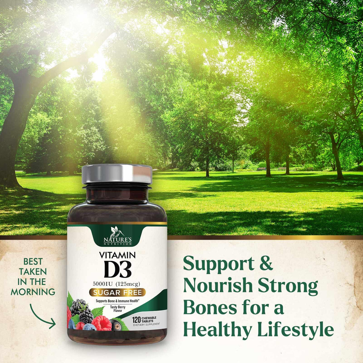 Comprimés à mâcher Nature's Nutrition Vitamine D3 5000 IU sur une table en bois