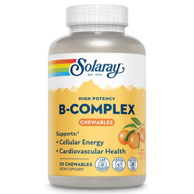 Comprimés à mâcher orange SOLARAY Complexe Vitaminique B devant un fond neutre