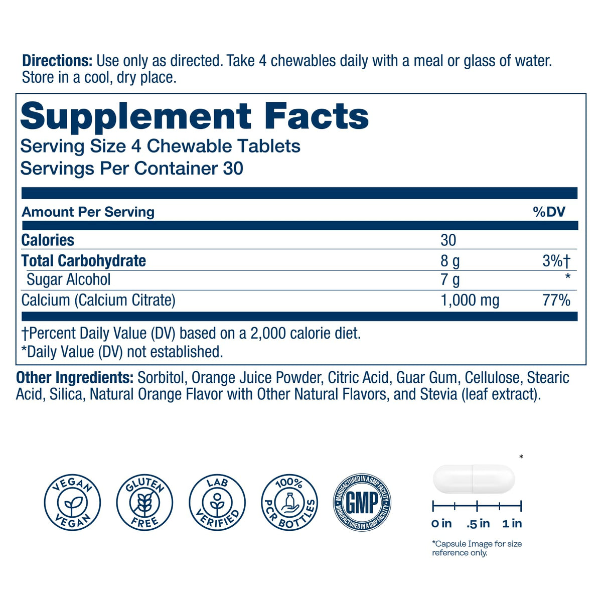 Comprimés à mâcher SOLARAY Calcium Citrate 1000mg sur fond blanc