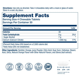 Comprimés à mâcher SOLARAY Calcium Citrate 1000mg sur fond blanc