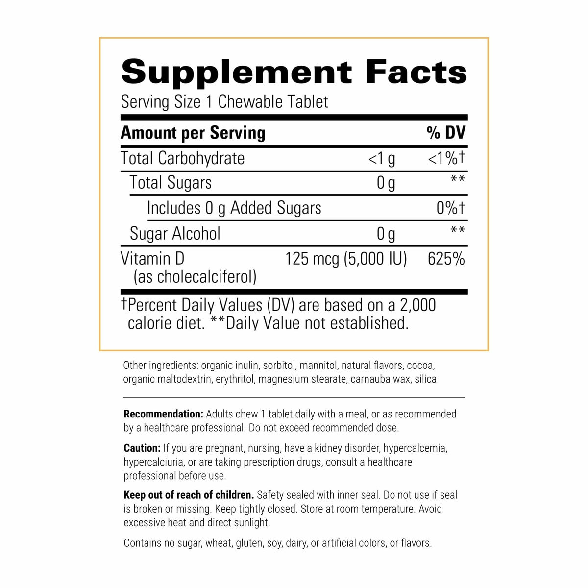 Comprimés à mâcher Vitamine D3 125 mcg au chocolat, vue de côté
