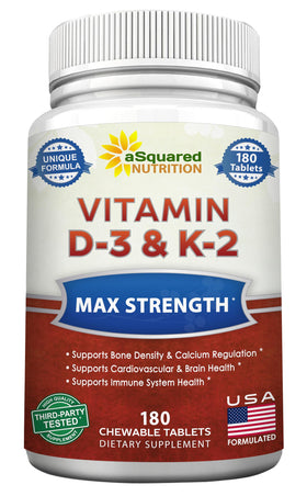 Comprimés à mâcher Vitamine D3 K2 cerise d'aSquared Nutrition, boîte vue de face