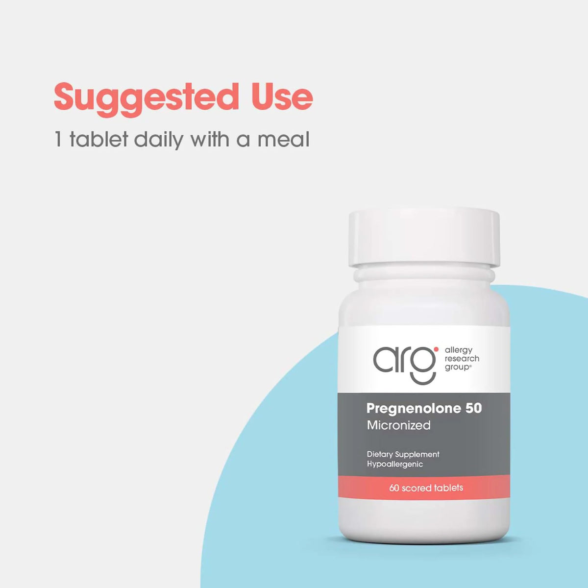 Comprimés Allergy Research Group Pregnenolone 50 mg sur une surface blanche