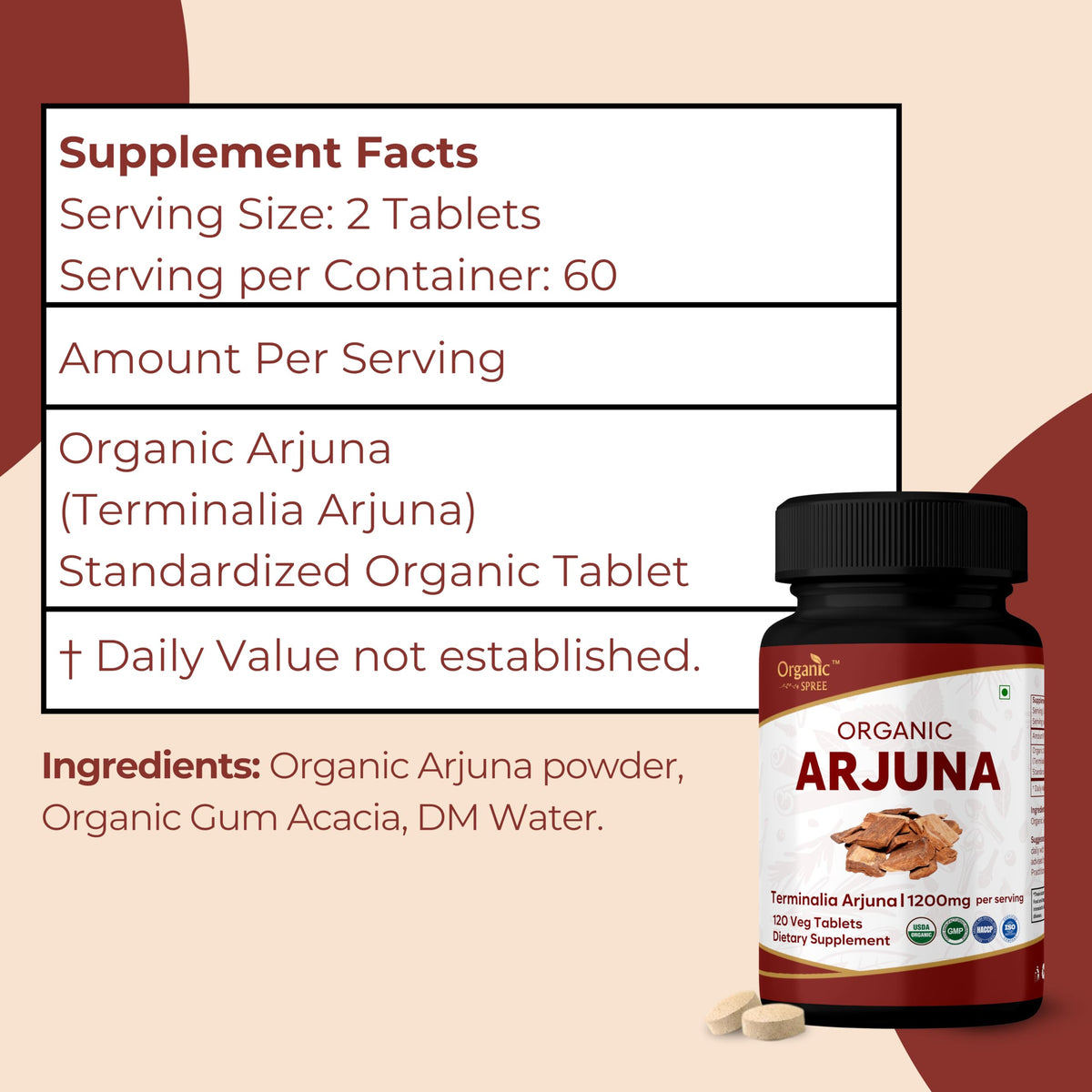 Comprimés Arjuna ORGANIC SPREE dans un récipient ouvert