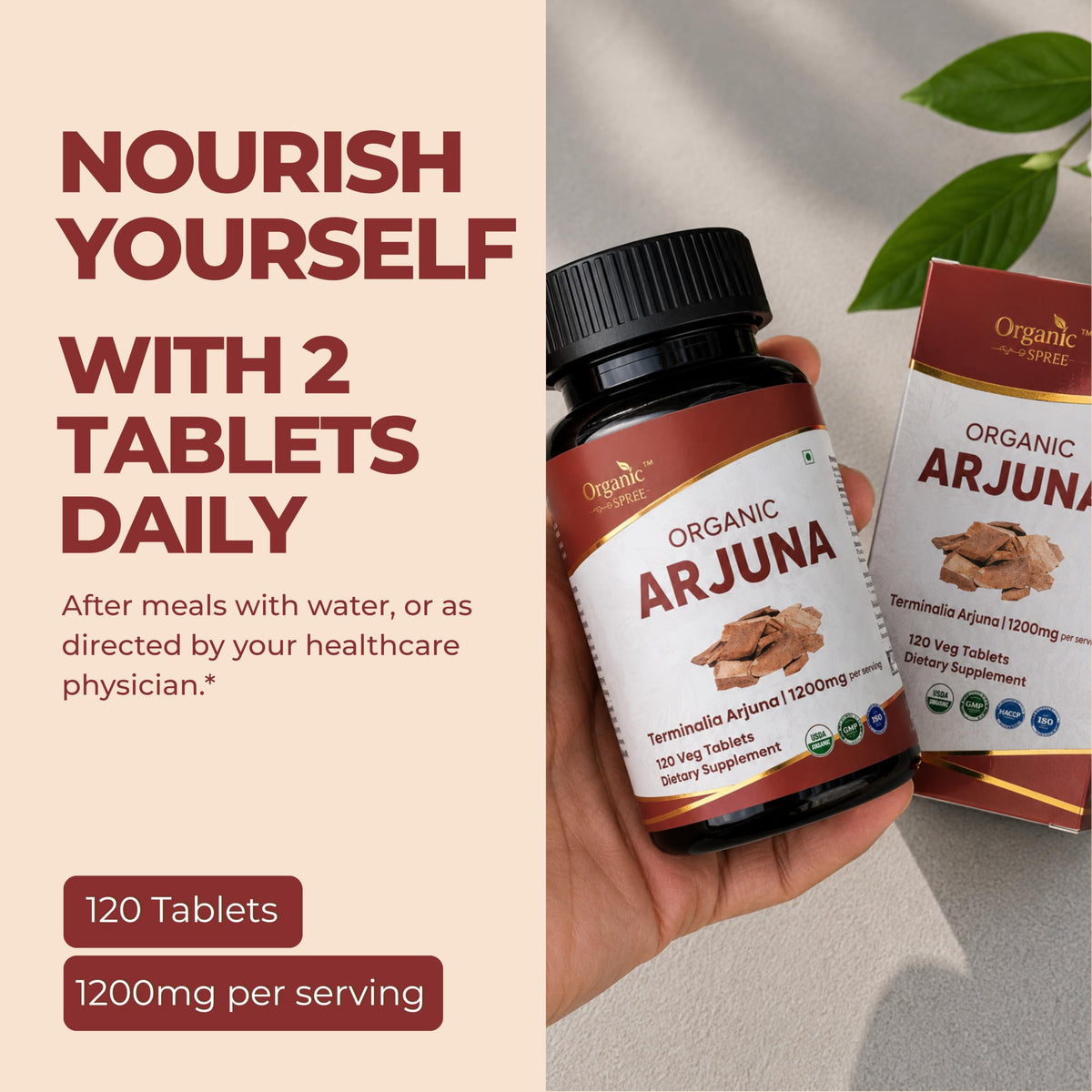 Comprimés Arjuna ORGANIC SPREE sur fond blanc
